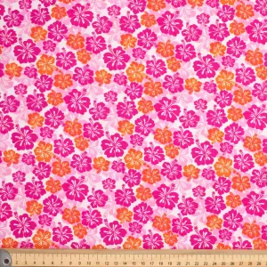 Hawaii Style Collection #18 Pink & Orange Poppy Flowers on White Cotton Prints