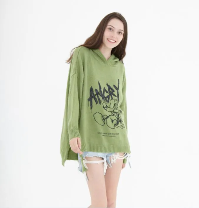 Hooded  Irregular Hem loose Women Tops Woolen Knit Sweater