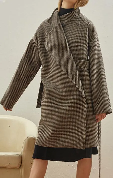 Houndstooth Wool-Blend Boxy Coat