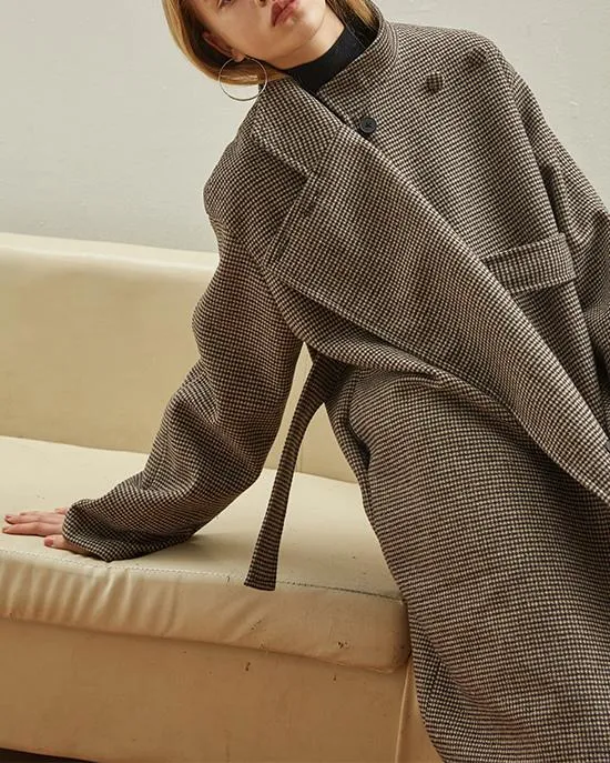 Houndstooth Wool-Blend Boxy Coat