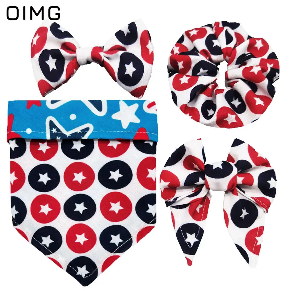 Independence Day Dog Clothes Festive Suits Four-piece Set Of Saliva Bib-neck Bow Hair Tie Dress Up Supplies Teddy Papillon