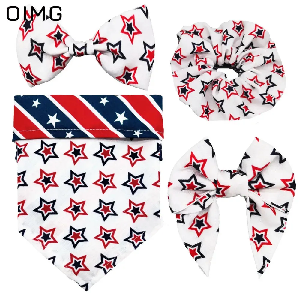 Independence Day Dog Clothes Festive Suits Four-piece Set Of Saliva Bib-neck Bow Hair Tie Dress Up Supplies Teddy Papillon