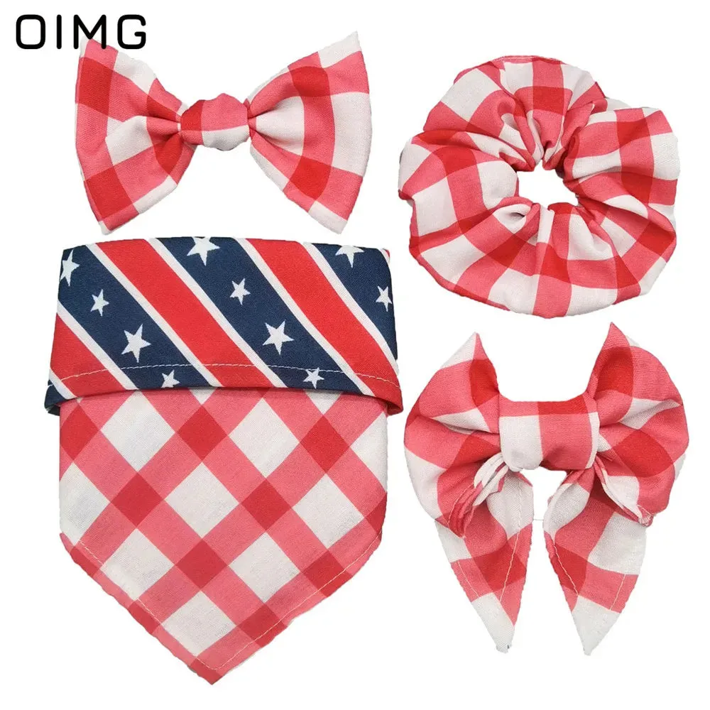 Independence Day Dog Clothes Festive Suits Four-piece Set Of Saliva Bib-neck Bow Hair Tie Dress Up Supplies Teddy Papillon