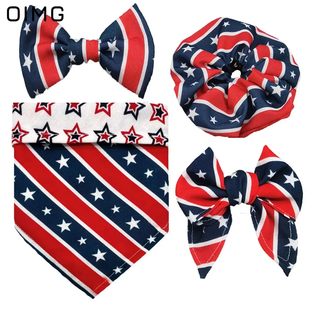 Independence Day Dog Clothes Festive Suits Four-piece Set Of Saliva Bib-neck Bow Hair Tie Dress Up Supplies Teddy Papillon