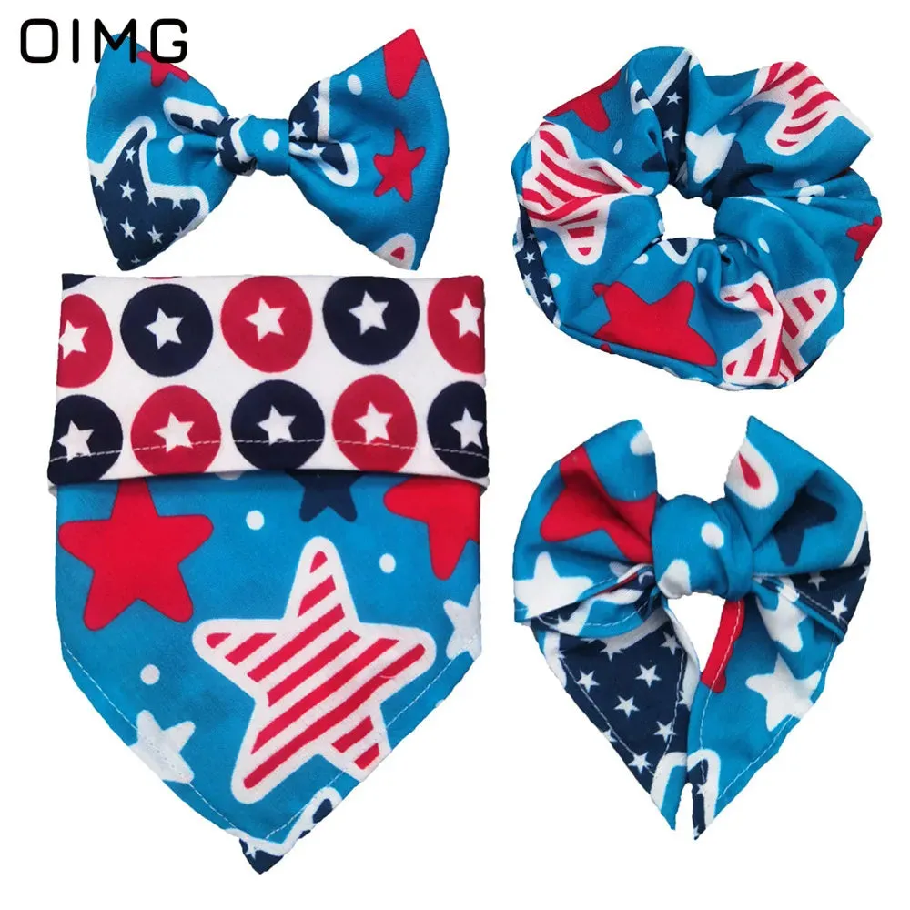 Independence Day Dog Clothes Festive Suits Four-piece Set Of Saliva Bib-neck Bow Hair Tie Dress Up Supplies Teddy Papillon