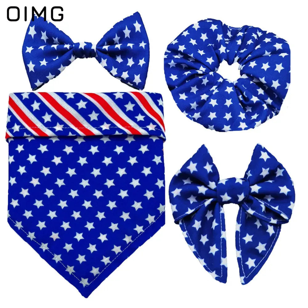 Independence Day Dog Clothes Festive Suits Four-piece Set Of Saliva Bib-neck Bow Hair Tie Dress Up Supplies Teddy Papillon