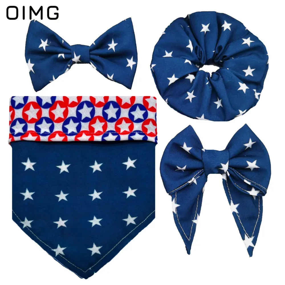 Independence Day Dog Clothes Festive Suits Four-piece Set Of Saliva Bib-neck Bow Hair Tie Dress Up Supplies Teddy Papillon