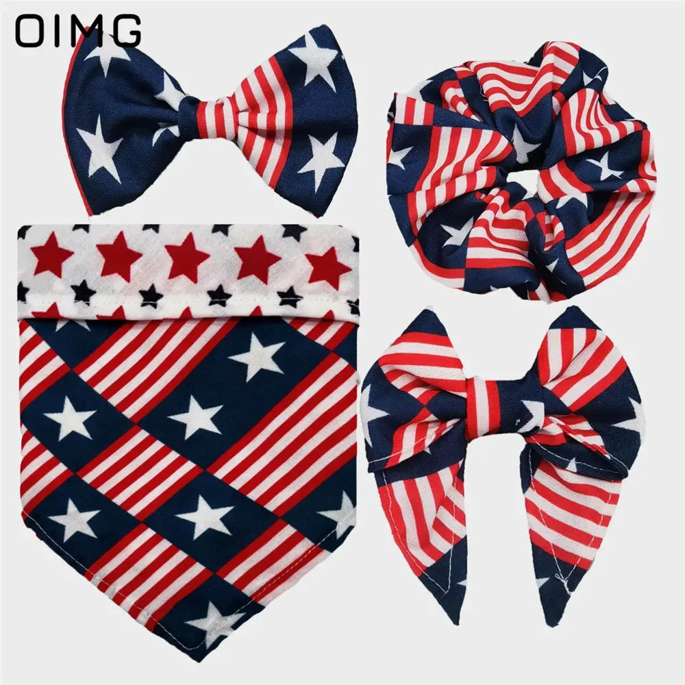 Independence Day Dog Clothes Festive Suits Four-piece Set Of Saliva Bib-neck Bow Hair Tie Dress Up Supplies Teddy Papillon