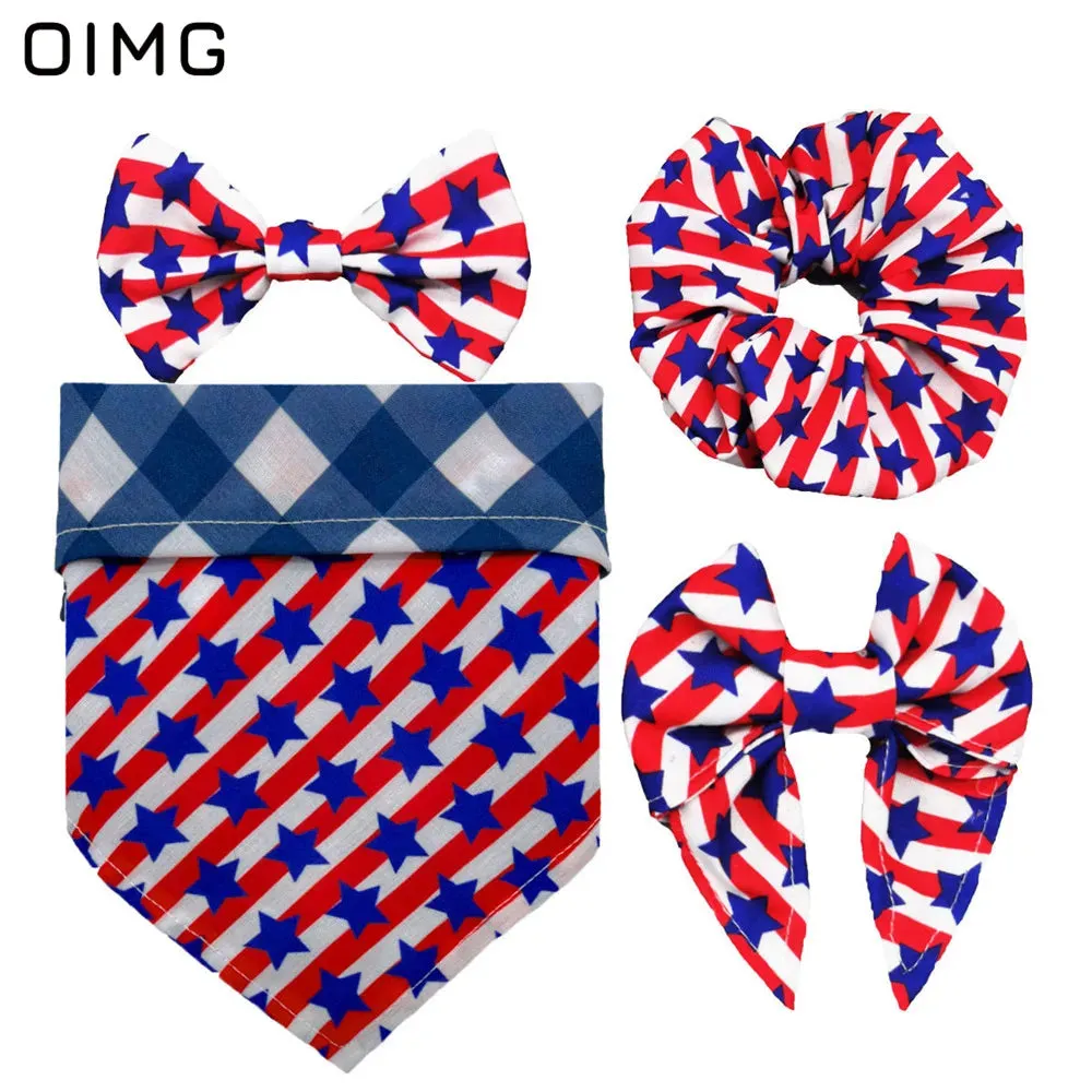 Independence Day Dog Clothes Festive Suits Four-piece Set Of Saliva Bib-neck Bow Hair Tie Dress Up Supplies Teddy Papillon