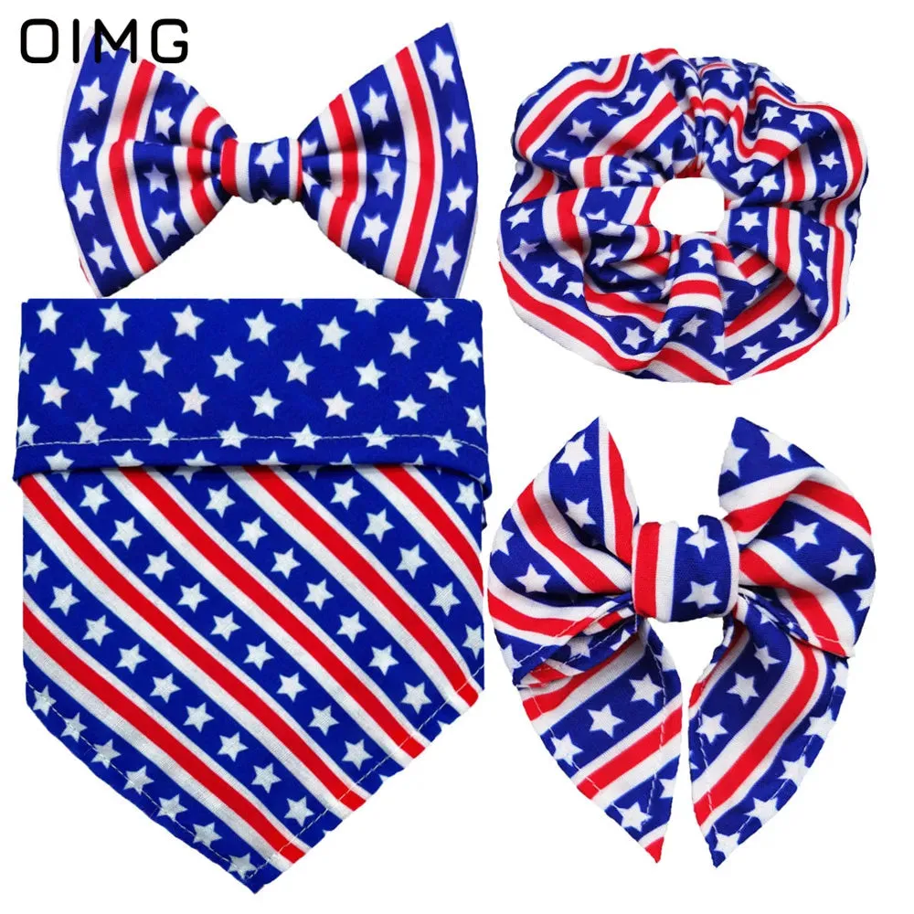 Independence Day Dog Clothes Festive Suits Four-piece Set Of Saliva Bib-neck Bow Hair Tie Dress Up Supplies Teddy Papillon