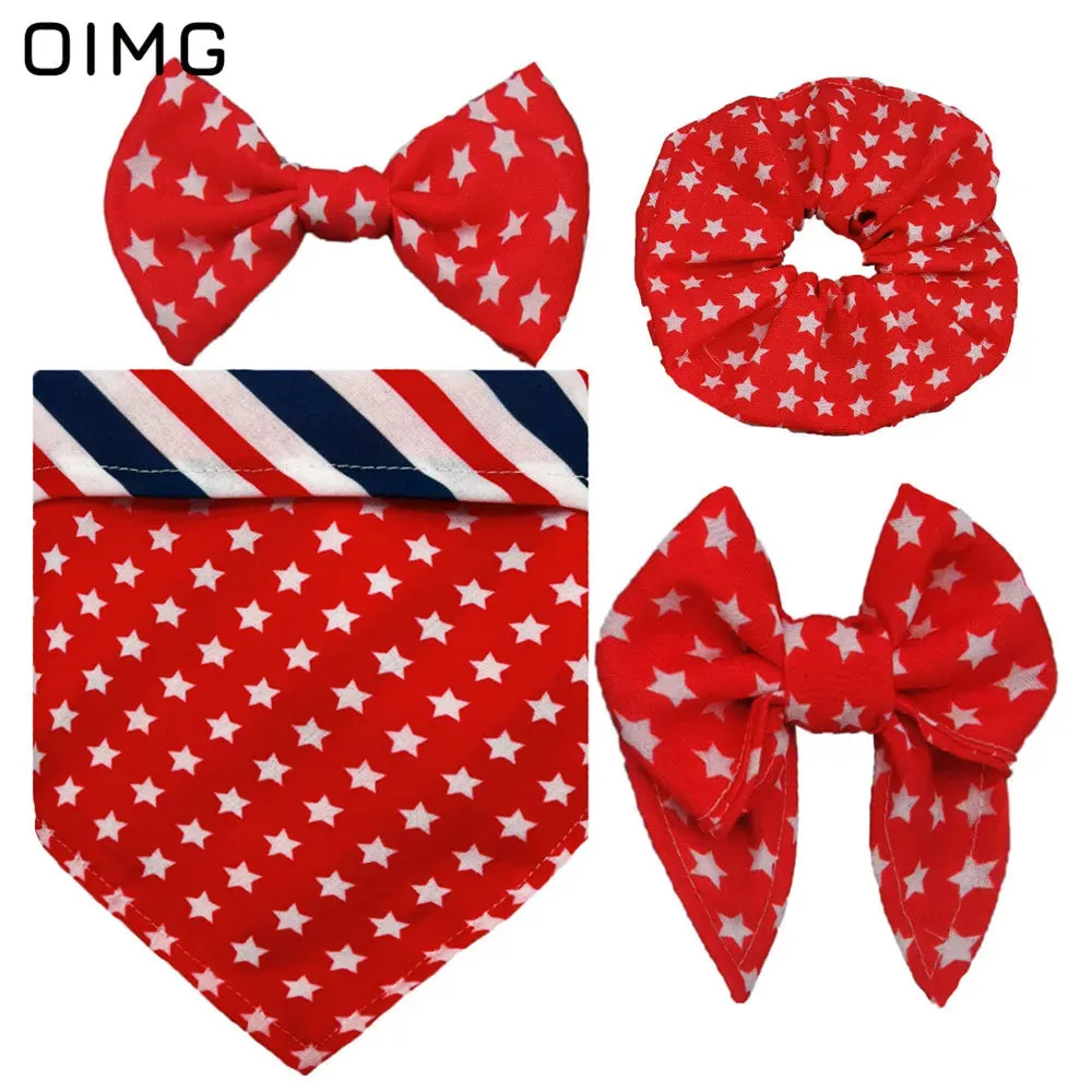 Independence Day Dog Clothes Festive Suits Four-piece Set Of Saliva Bib-neck Bow Hair Tie Dress Up Supplies Teddy Papillon