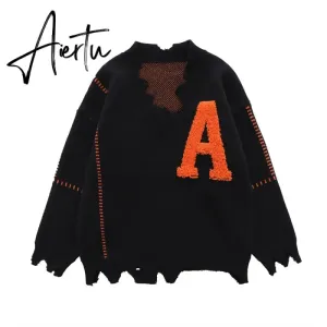 Irregular Hem Frayed Letter Embroidery V Neck Casual Sweaters Men and Women High Street Retro Pullover Knitted Autumn Clothes