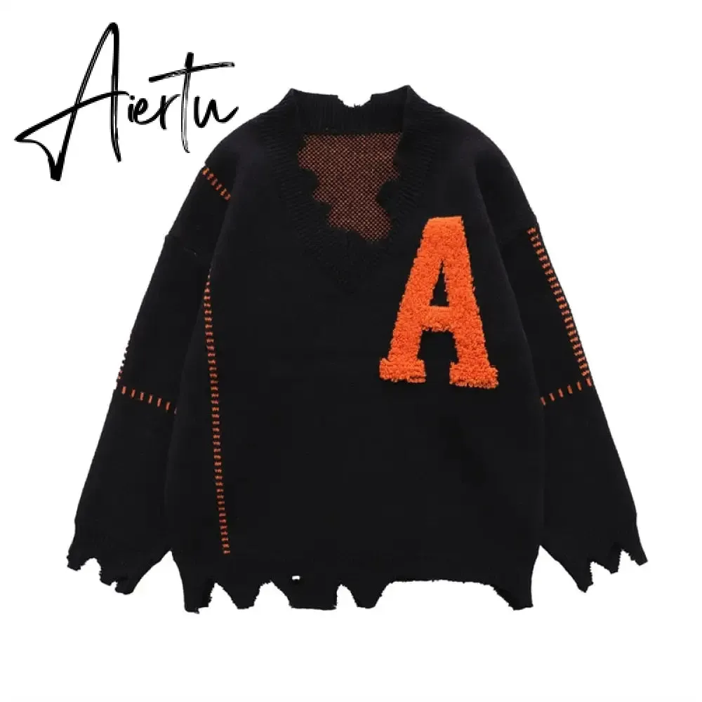 Irregular Hem Frayed Letter Embroidery V Neck Casual Sweaters Men and Women High Street Retro Pullover Knitted Autumn Clothes