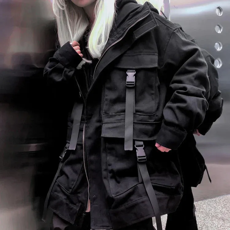 K-pop Aesthetic Streetstyle Cyber Y2K Techwear Acubi Buckle Strap Black Jacket