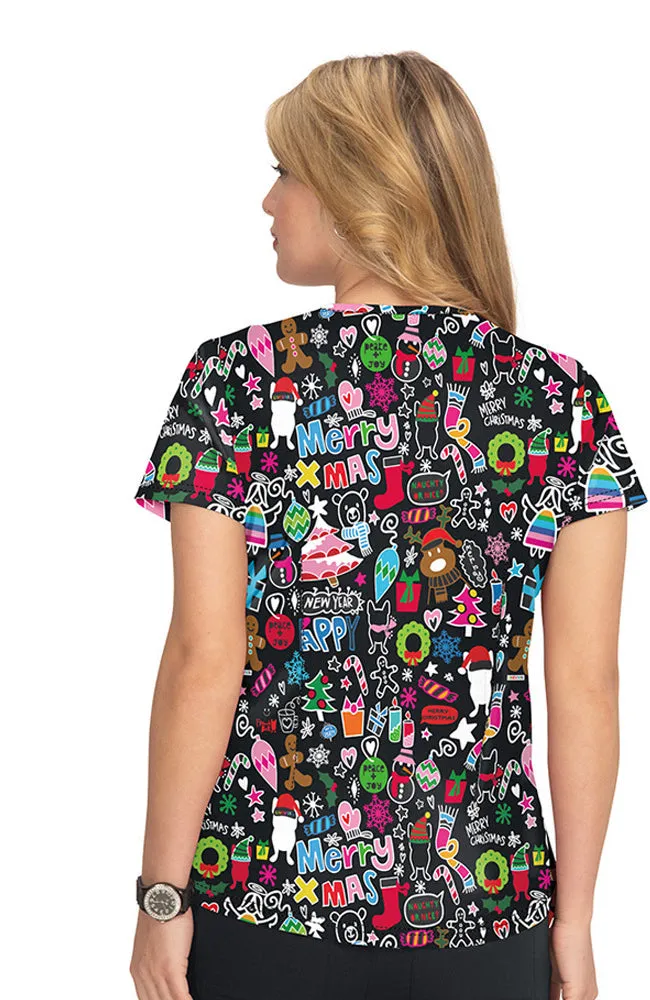 koi Women's Doll Christmas Doodle Scrub Top