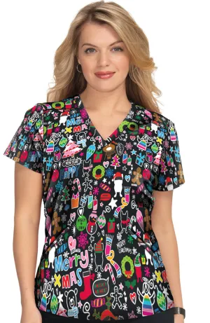 koi Women's Doll Christmas Doodle Scrub Top