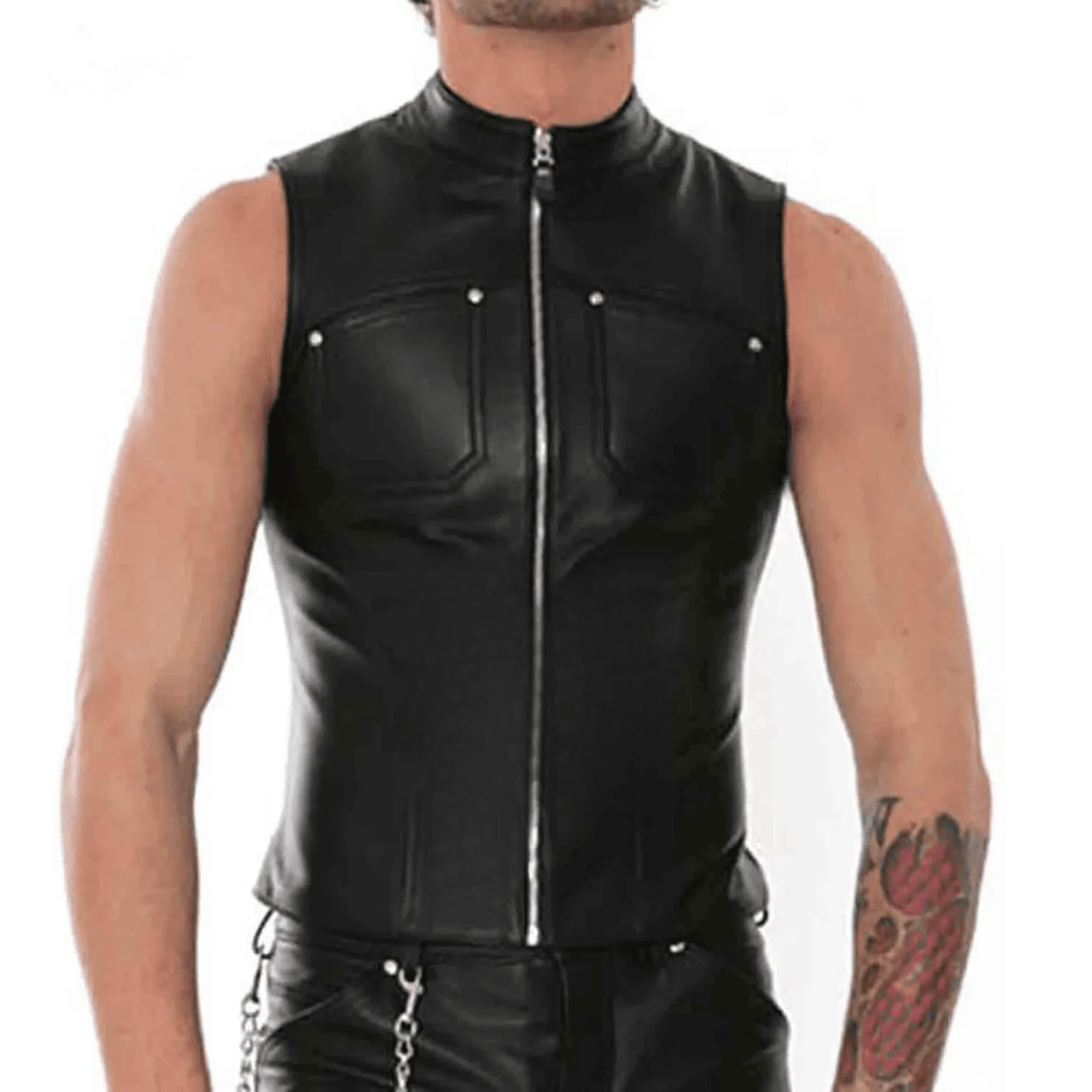 Mens Black Leather Biker Vest