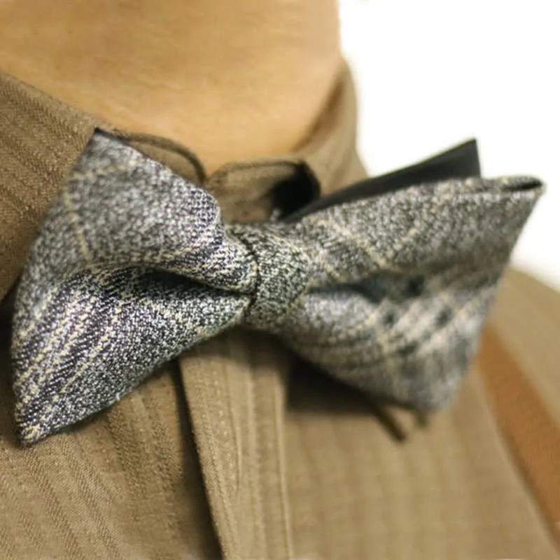 Men's Dark Gray British Style Plaid Cotton Bow Tie