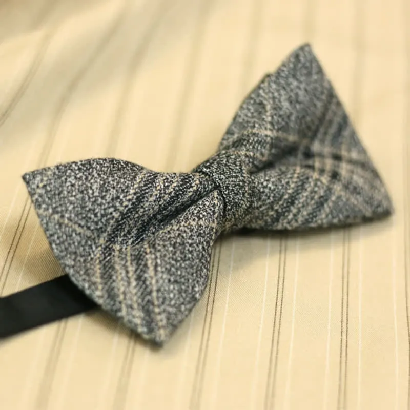 Men's Dark Gray British Style Plaid Cotton Bow Tie