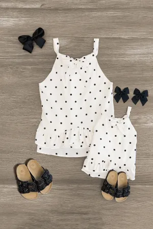 Mom & Me - White & Black Polka Dot Ruffle Tank Top