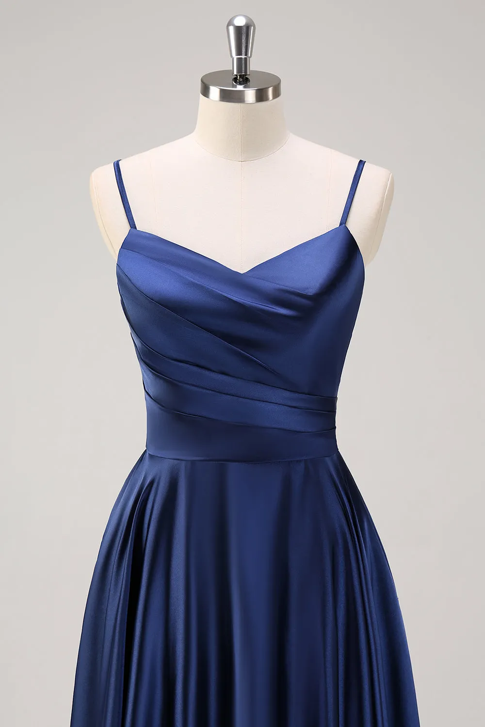 Navy Spaghetti Straps Ruched A Line Tea Length Dress