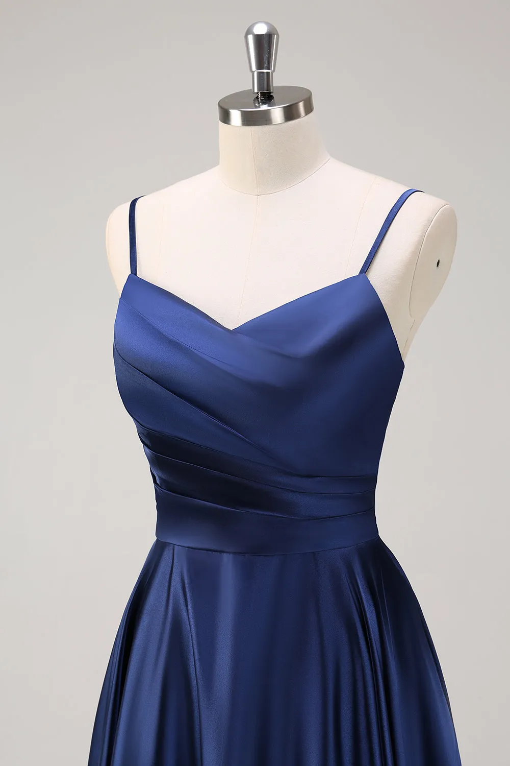 Navy Spaghetti Straps Ruched A Line Tea Length Dress