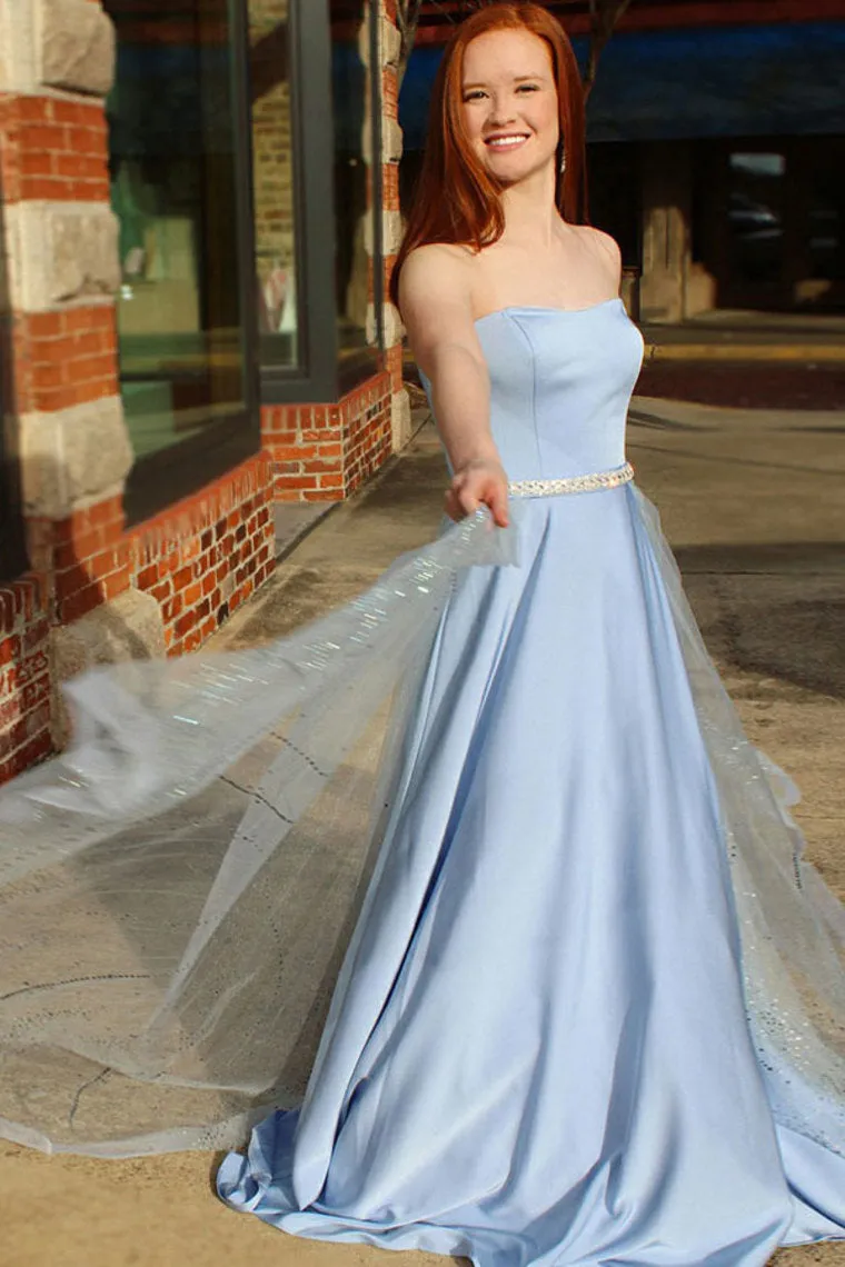 Newest Long Sky Blue Strapless Elegant Prom Dresses Cute Dresses