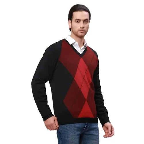 Park Avenue Men's Regular Fit Acrylic Wool Blended Argyle Pattern V Neck Full Sleeve Casual Sweater (Size: 85)-PCWA00266-R8 Dark Red