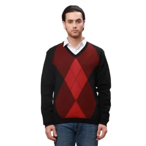 Park Avenue Men's Regular Fit Acrylic Wool Blended Argyle Pattern V Neck Full Sleeve Casual Sweater (Size: 85)-PCWA00266-R8 Dark Red