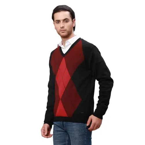 Park Avenue Men's Regular Fit Acrylic Wool Blended Argyle Pattern V Neck Full Sleeve Casual Sweater (Size: 85)-PCWA00266-R8 Dark Red