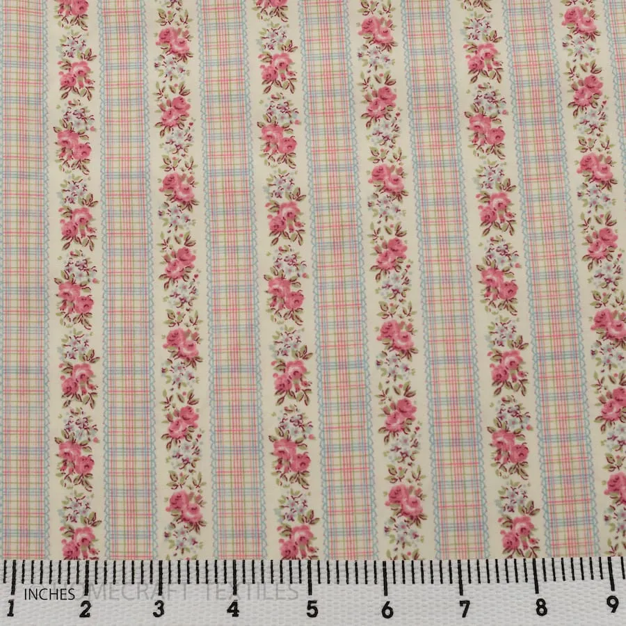 Pink Check Floral Stripe Cotton Print