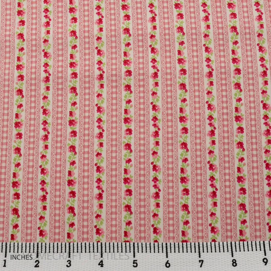 Pink Floral Lace Stripe Cotton Print