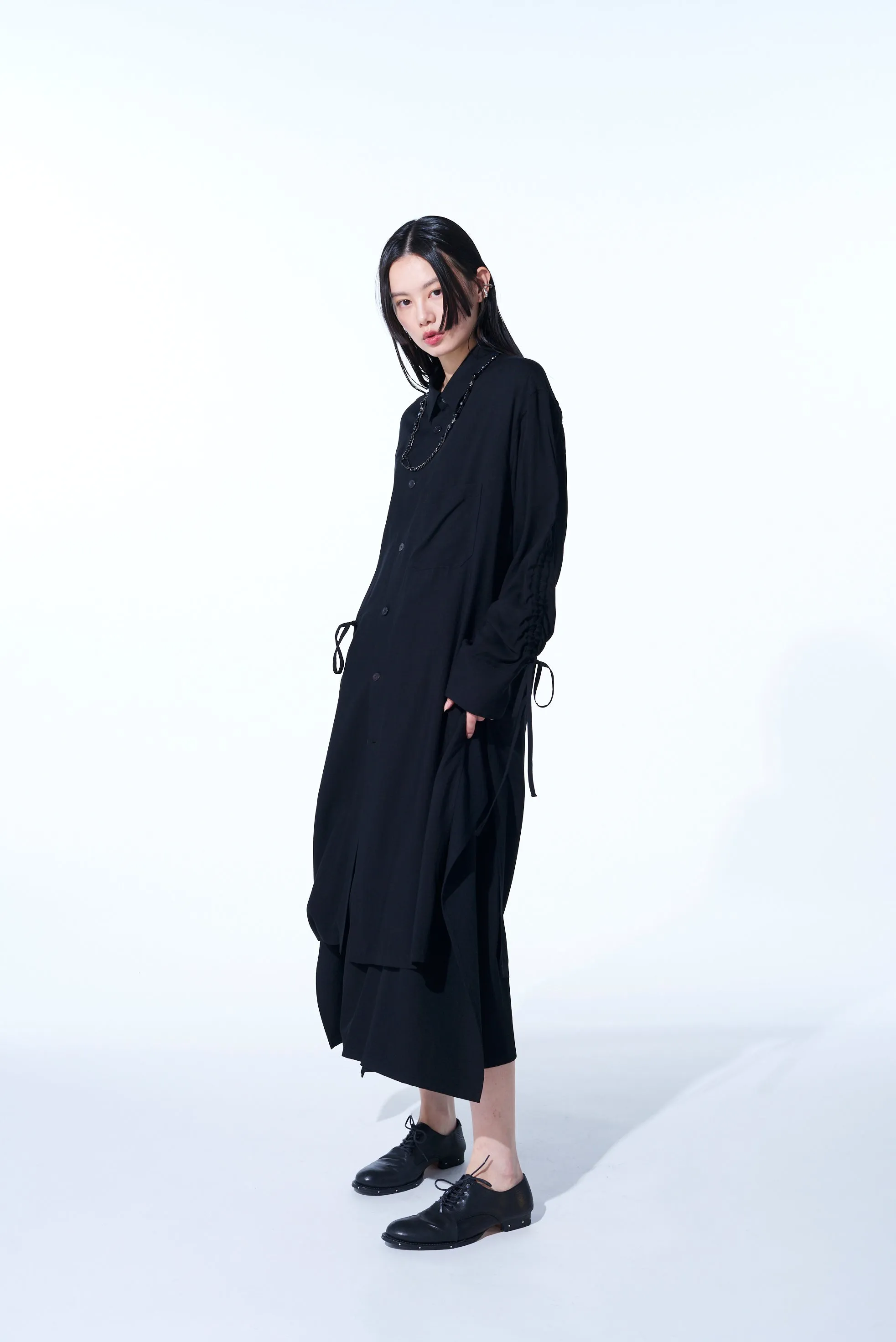 RAYON WASHER TWILL OVERSIZED LONG SHIRT WITH GATHERED STRINGS