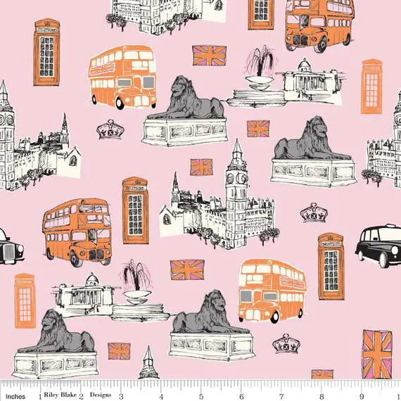 Riley Blake Designs British Invasion London Scenes Bus Pink Cotton Prints