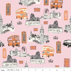 Riley Blake Designs British Invasion London Scenes Bus Pink Cotton Prints