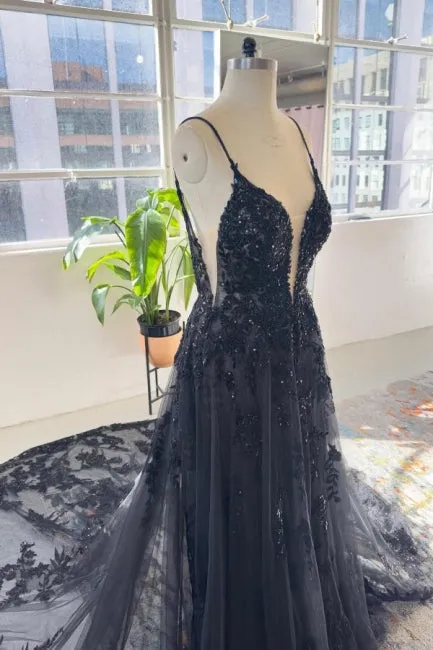 Unique black spaghetti straps sleeveless a-line lace sequined Wedding Dress