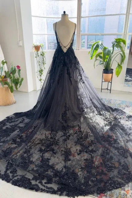 Unique black spaghetti straps sleeveless a-line lace sequined Wedding Dress