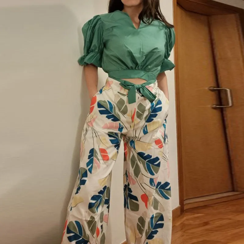 V-Neck Cutout Top Print Wide-Leg Trousers Two-Piece Set