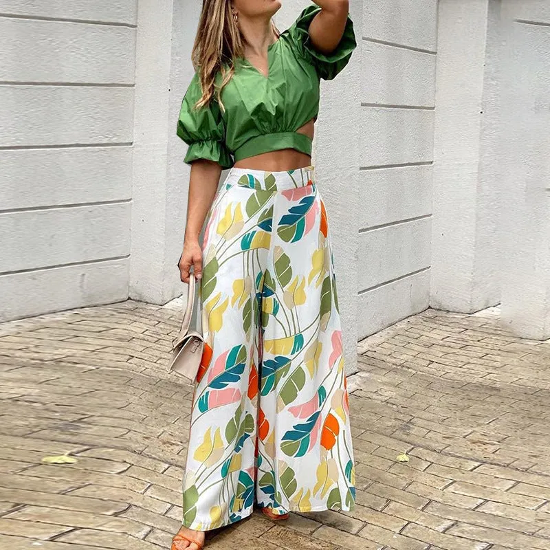 V-Neck Cutout Top Print Wide-Leg Trousers Two-Piece Set