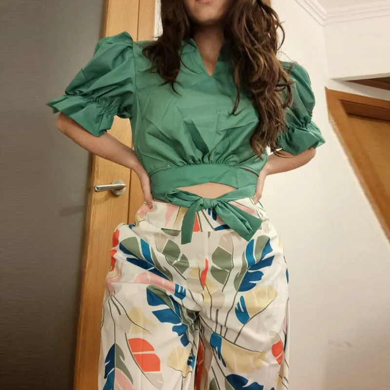 V-Neck Cutout Top Print Wide-Leg Trousers Two-Piece Set