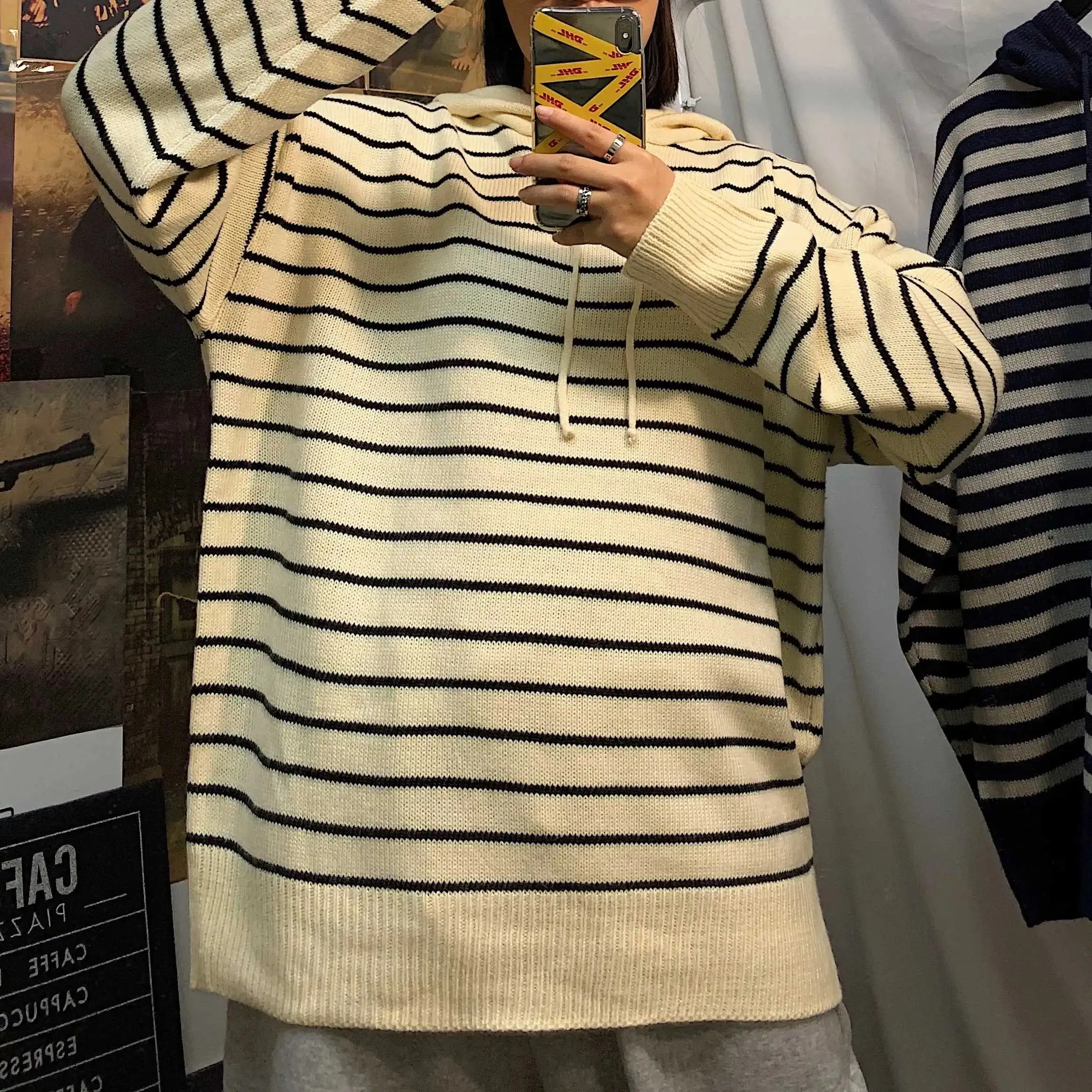 WIAOFELLAS -  Winter Men's Lovers Clothes In Warm Coats Stripe Printing Hat Cashmere Knitting Loose Pullover Homme Casual Woolen Sweater