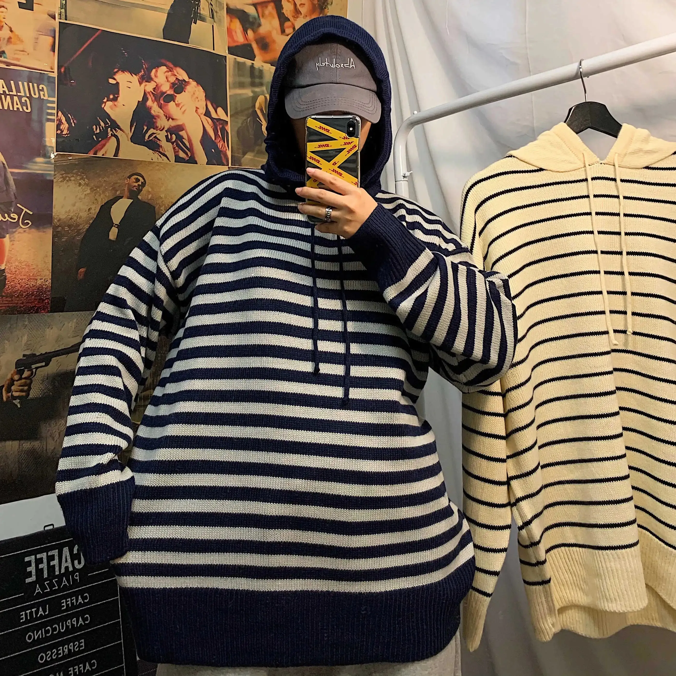 WIAOFELLAS -  Winter Men's Lovers Clothes In Warm Coats Stripe Printing Hat Cashmere Knitting Loose Pullover Homme Casual Woolen Sweater