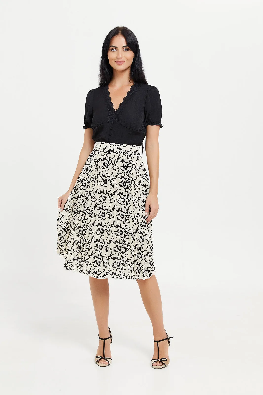 Women Balck And White Pleated Skirt