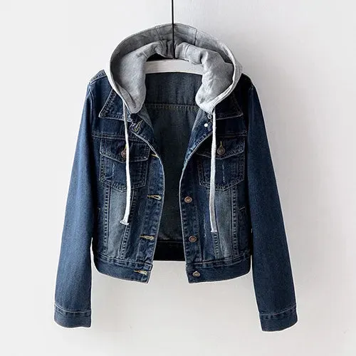 Women's Jackets Vintage Denim Jacket Women Autumn Coat Ripped Hooded Outerwear Coats Windbreaker Basic Boyfriend Female Jeans